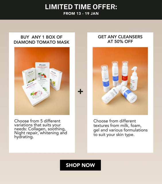 Limited Time offer: 13 - 19 Jan only! Buy 1 Diamond Tomato Mask, get 50% off 1 cleanser!